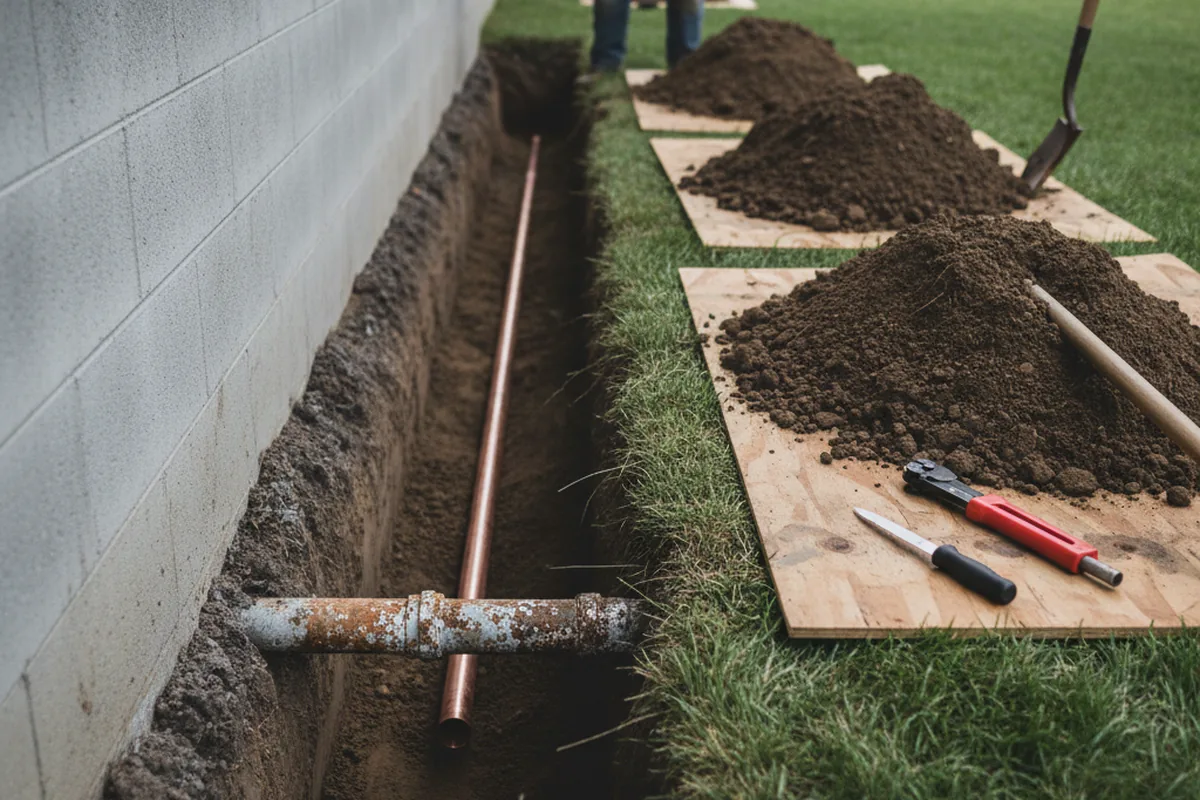 Excavated water line trench during Water Softener Installation in Waller